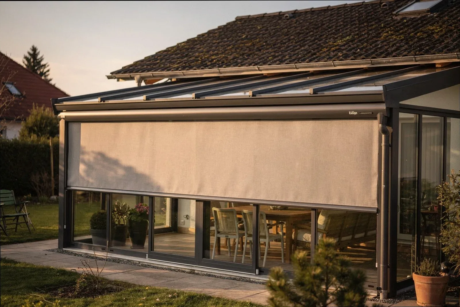 Balkonverglasung mit Sonnenschutz an einem Wohnhaus in Jena